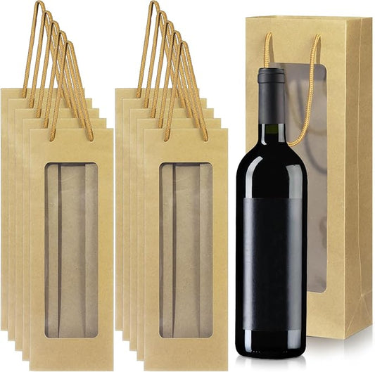 Megitzuu Wine Bottle Gift Bags With Window, 10 Pack Reusable Kraft Paper Gift Bags for Wine Bottle Birthday Party Wedding Bridal Shower