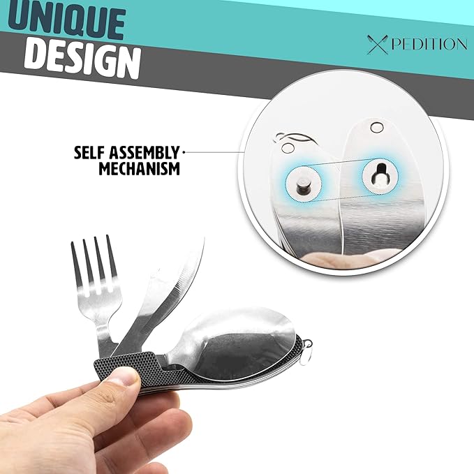 Collapsible Water Bottle, Stainless Steel Fork Knife Spoon Bottle Opener Travel Cutlery, Flat Folding Camping silverware utensils, Lunch Cutlery, Survival Gear, Flatware Tableware - Hiking Equipment