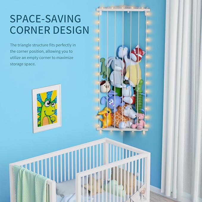 Stuffed Animal Storage Toy Organizer: Corner Stuff Animals Holder for Wall with LED Light - Kids Plush Toys Storage with Adjustable Length for Nursery Playroom Bedroom Kids Room(Gray)