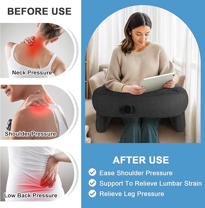 cjc Reading Pillow for Gaming, Memory Foam Gaming Pillow for Lap with Coaster, Hight Adjustable Lap Desk Pillow for Reading, Working, Crocheting or Sitting in Bed Floor Sofa (Black+Cup Tray)