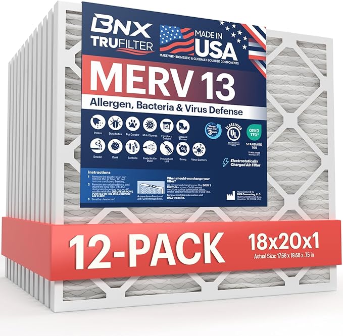 BNX TruFilter 18x20x1 Air Filter MERV 13 (12-Pack) - MADE IN USA - Electrostatic Pleated Air Conditioner HVAC AC Furnace Filters for Allergies, Pollen, Mold, Bacteria, Smoke, Allergen, MPR 1900 FPR 10