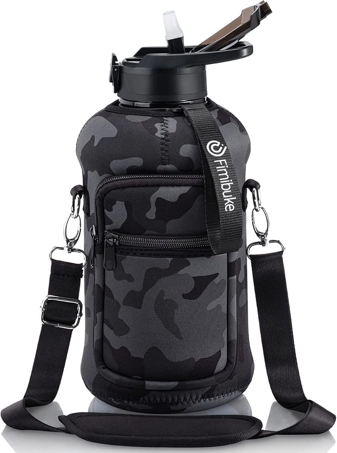 Fimibuke Half Gallon Water Bottle with Sleeve 64 OZ Water Bottle with Handle & Straw Leakproof Motivational Sports Gym Water Bottle with Time Marker BPA Free Water Jug with Reusable Neoprene Holder