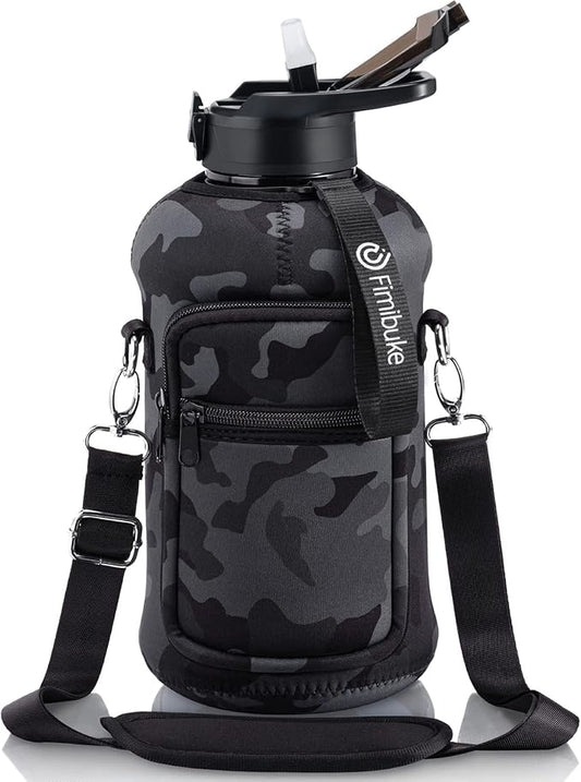 Fimibuke Half Gallon Water Bottle with Sleeve 64 OZ Water Bottle with Handle & Straw Leakproof Motivational Sports Gym Water Bottle with Time Marker BPA Free Water Jug with Reusable Neoprene Holder