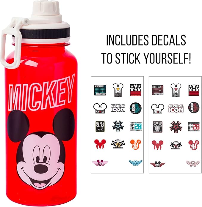 Silver Buffalo Disney Mickey Classic Varsity Twist Spout Plastic Water Bottle with Stickers You Stick Yourself, Red, 32 Ounces