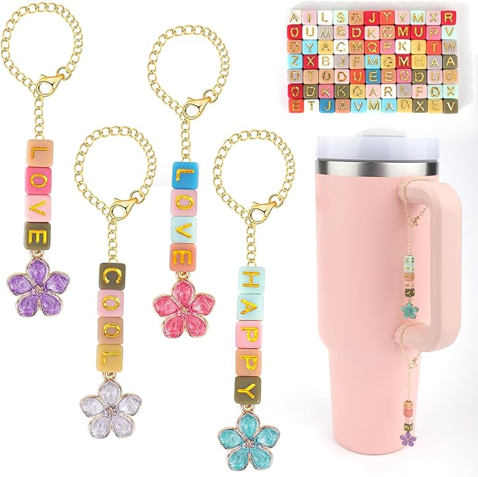 Mity rain 4 Pack Letter Charm Accessories For Stanley Cup, 4 PCS Charm Chains And 400PCS Greetings/Name ID DIY Letter Beads, Letter Handle Charm Designed For Stanley Tumbler Handle Decorations (Gold)