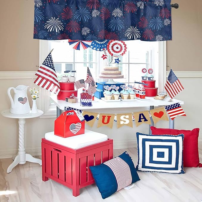 July 4th Kitchen Curtains Valances for Windows Fireworks Celebrate Patriotic Americana Stars Rod Pocket Window Treatment for Kitchen/Living Room/Bedroom/Bathroom, 42" X 18", Red, White and Blue