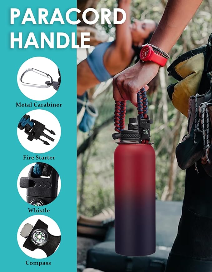 40 oz Insulated Water Bottle - (Cold 48H) Metal Water Jug with Straw & Auto Spout Lids, Leak Proof Coldest Stainless Steel Flask with Carrying Pouch, Paracord Handle for Gym Hiking Work, Coral Orange