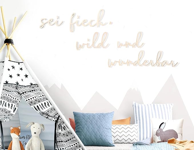Lettering Wood Sei Frech, Wild und wunderbar - Plywood Words Sign for Decoration, Children's Room Saying Quote, Nursery Wall Art, Wooden Word Text Art (Sei Frech, Wild und wunderbar)