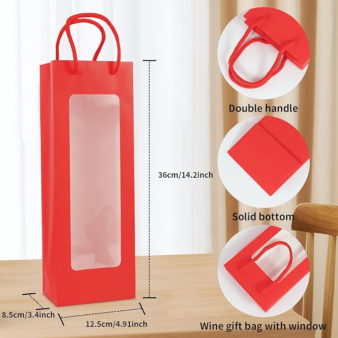 Cyblinia Wine Gift Bags with Window,20 Pack Paper Wine Bags 4.9 x 3.4 x 14.2 Inch Kraft Paper Flower Wrapping Bags Wine Bags for Wine Bottle and Gifts,Wedding,Birthday,Christmas