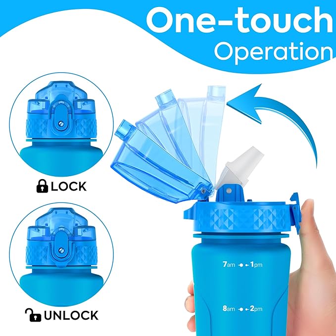 OLDLEY Kids Water Bottle for School with Straw Chug Lid, 15 oz Unbreakable Leak-Proof BPA-Free Motivational Water Bottles with Time Marker for Travel Sports Gym, 2 Lids, Blue