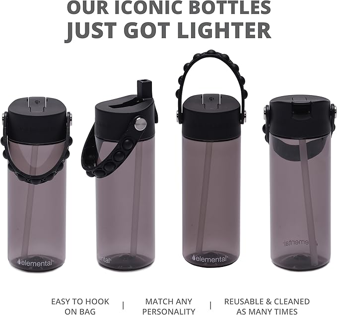 Elemental Leak Proof Water Bottles for Kids - Splash Kids Water Bottle for School with Fun Fidget Pop-it Handle - BPA Free Tritan Plastic Reusable Water Bottle with Straw - Black - 18oz