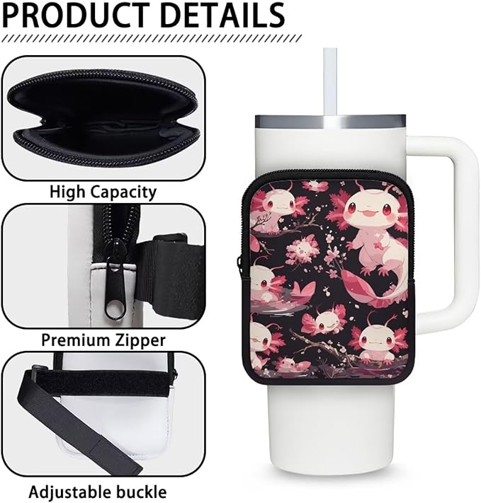 Axolotl Cherry Blossom Stanley Cup Pouch with Adjustable Strap Water Bottle Storage Bag 20oz-40oz IceFlow Tumbler Pouch for Stanley Accessories