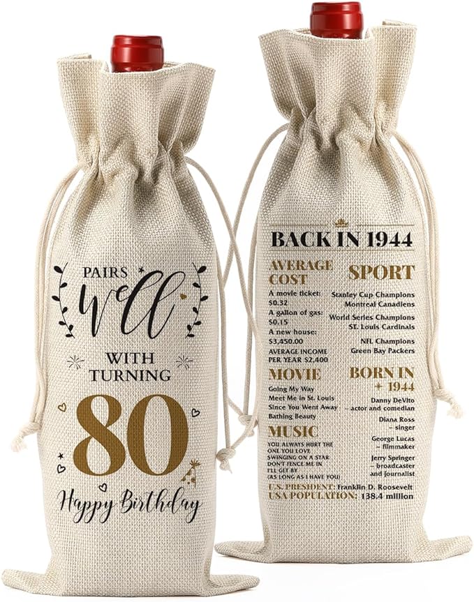 80th Birthday Gifts for Women Men Funny Wine Bag 80th Birthday Party Decorations Favors Happy Anniversary 80 Year Old Gifts for Woman Her Him Mom Dad Grandma Grandpa Wine Gift Bag