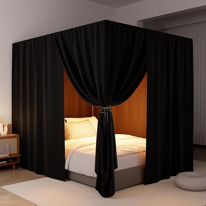 Black Canopy Bed Curtains - 4 Corner Post Bed Curtains Full Lightproof Drapes Bed Canopy Curtains with Tie Backs for Adults & Girls Bedroom Decoration(Black,Full)