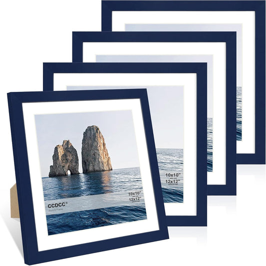 12x12 Picture Frame Set of 4, 12 x 12 Wood Photo Frames with Mat for 10x10 or 30x30cm Diamond Painting Art, Wooden Frame with Real Glass Cover for Wall and Tabletop Display,Blue