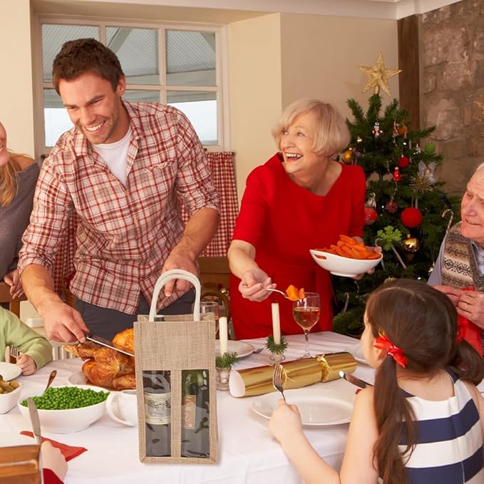 BENECREAT 3 Packs Burlap Wine Bottle Bag Jute Wine Tote Gift Bag with 2 Clear Window and Handle for Wedding Birthday Festivals Souvenir Packaging Wine Gift Packaging (Double Bottles)