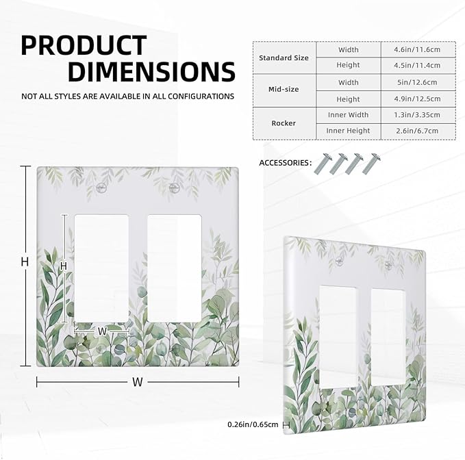 Green Eucalyptus Rustic Botanical Plant Leaves 2 Gang Rocker Decora Boho Light Switch Covers Decorative Dual Outlet Covers Wall Plate Electrical Faceplate Switchplate GFCI for Country Bedroom