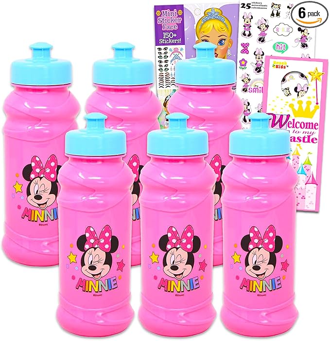 Disney Minnie Mouse Plastic Water Bottle for Girls - 6pc Minnie Mouse Travel Bundle with Reusable Water Bottles For Home, School, and Sports, Sticker Activity Book, and More