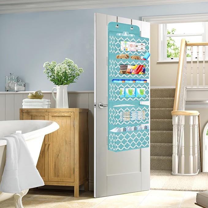 Over the Door Hanging Organizer - Nursery 5 Window Pocket Storage Organizer with 2 Thick Hooks for Baby Clothes, Diaper, Cruise, Pantry, Closet, Bathroom, Cabinet, Kitchen 12.2” 5” 49.6” (Blue)