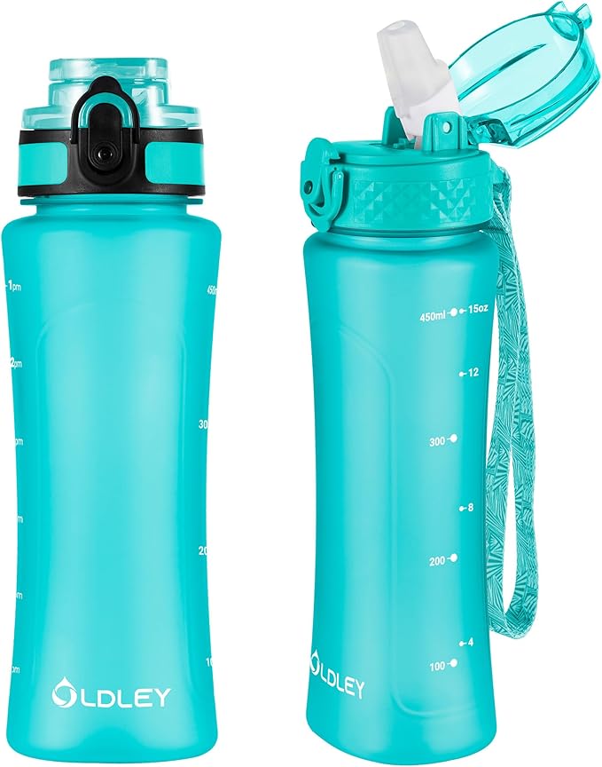OLDLEY Kids Water Bottle for School with Straw Chug Lid, 15 oz Unbreakable Leak-Proof BPA-Free Motivational Water Bottles with Time Marker for Travel Sports Gym, 2 Lids,Mint