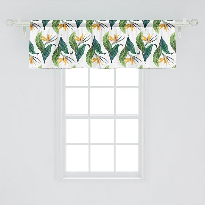 Ambesonne Exotic Window Valance, Macro Watercolor Painting of Bird of Paradise Flower and Leaves, Curtain Valance for Kitchen Bedroom Decor with Rod Pocket, 42" x 18", Multicolor
