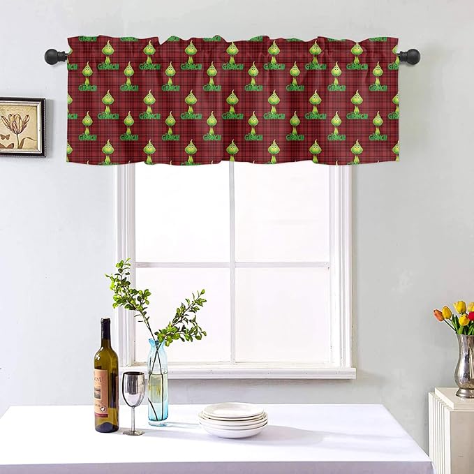 Retro Style Green Monster Christmas Window Valance for Kitchen Living Room Baby Grin-ch Window Curtain for Bedroom Christmas Window Valance Rod Pocket Window Treatment Christmas Decors, 54" W x 18" L
