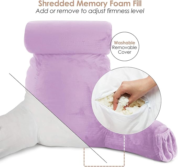 Nestl Reading Pillow Large Bed Pillow, Back Pillow for Sitting in Bed Shredded Memory Foam Chair Pillow, Reading & Bed Rest Pillows Lavender Back Pillow for Bed, Bed Chair Arm Pillow with Pockets