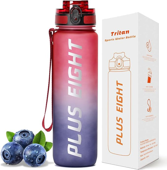 Sports Water Bottle, 32 oz Motivational Water Bottles with Time Marker to Drink, Leak-Proof Tritan BPA-Free with Carrying Strap for Women Men Gym Fitness Outdoor (Red Black)