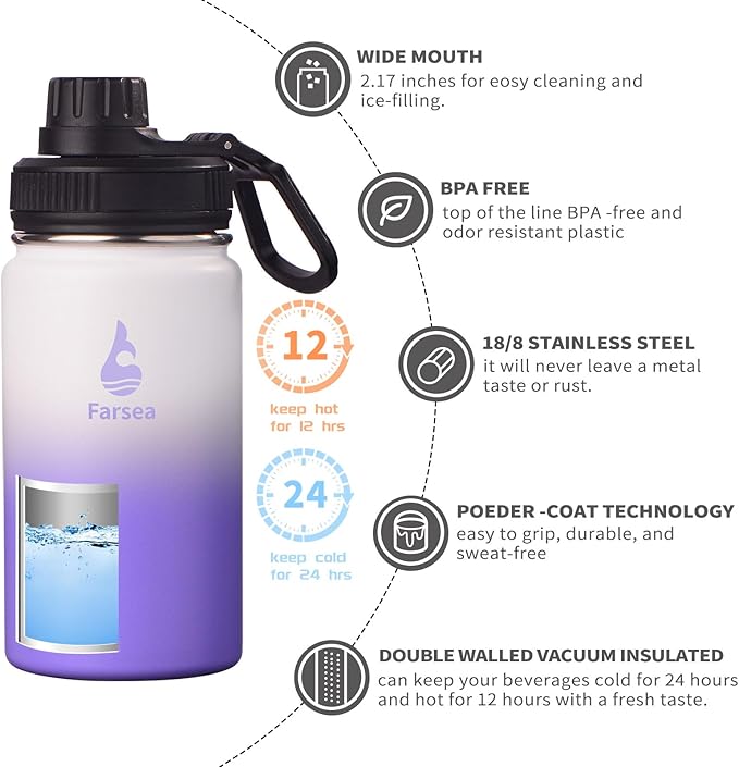 Farsea Insulated Water Bottle With Paracord Handle, Protective Silicone Boot and 2 Lids (Straw Lid & Spout Lid), Stainless Steel Water Bottle Wide Mouth, Double Wall Sweat-Proof BPA-Free,12 oz