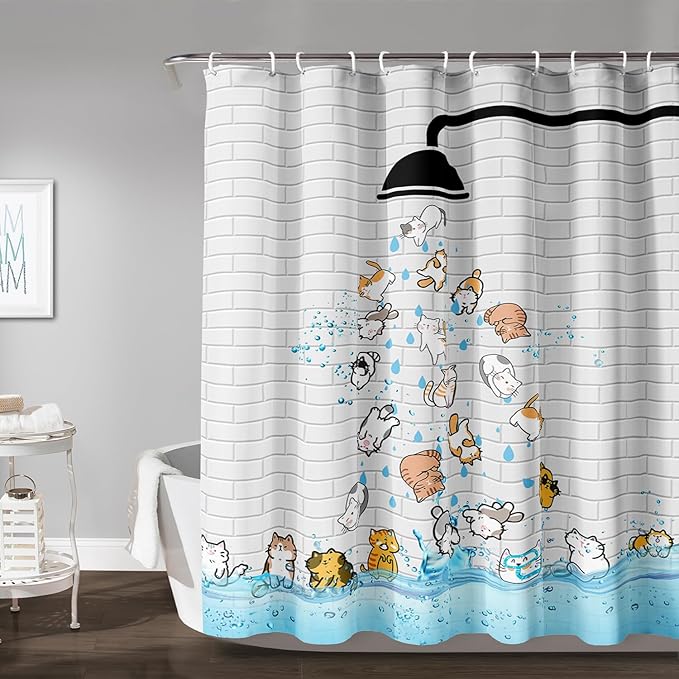 AILONEN Cute Cat Shower Curtain for Kids 36" W*72" H Inch,Colorful Animals Playing Water Kids Lovely Funny Hilarious Shower Curtain,12 Pack Hooks Polyester Waterproof Fabric Decor for Bathroom