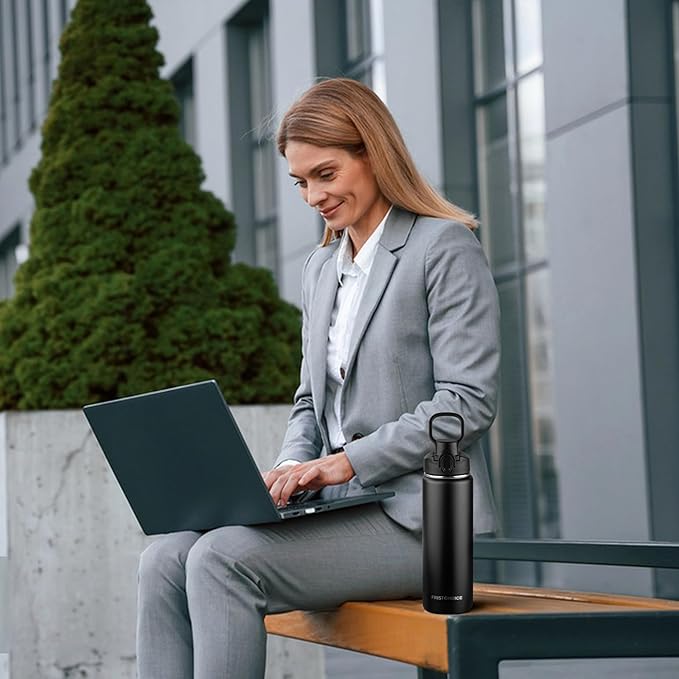 Insulated water bottle with Straw,24oz Stainless Steel Water Bottle for Adult Kids,Double Wall Vacuum Wide Mouth Insulated Water Bottle for Sports,BPA-free and Leak-proof（24oz,Black）