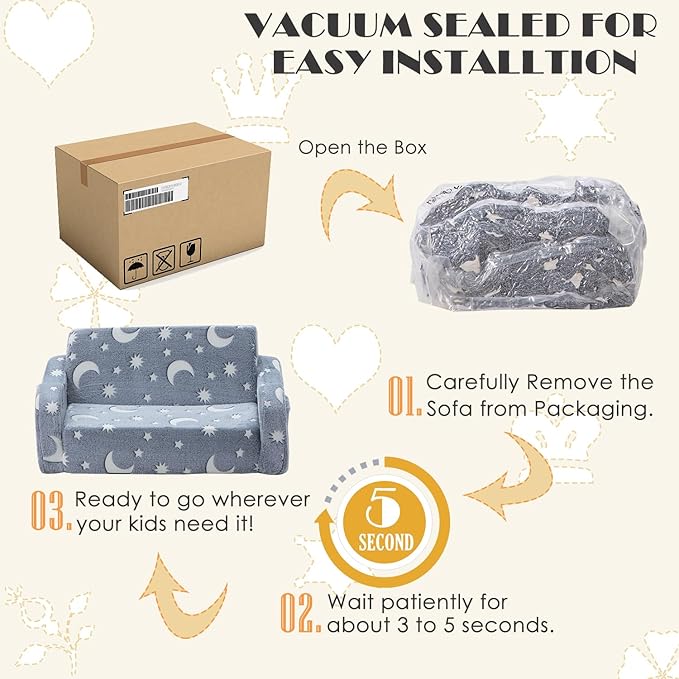 Baby Toddler Sofa Couch for Kids Extra Wide 2-in-1 Foldable Toddler Fold Out Couch Bed for Playroom, Pull Out Children Convertible Sofa to Lounger for Boys & Girls with Double Pockets, Grey Moon