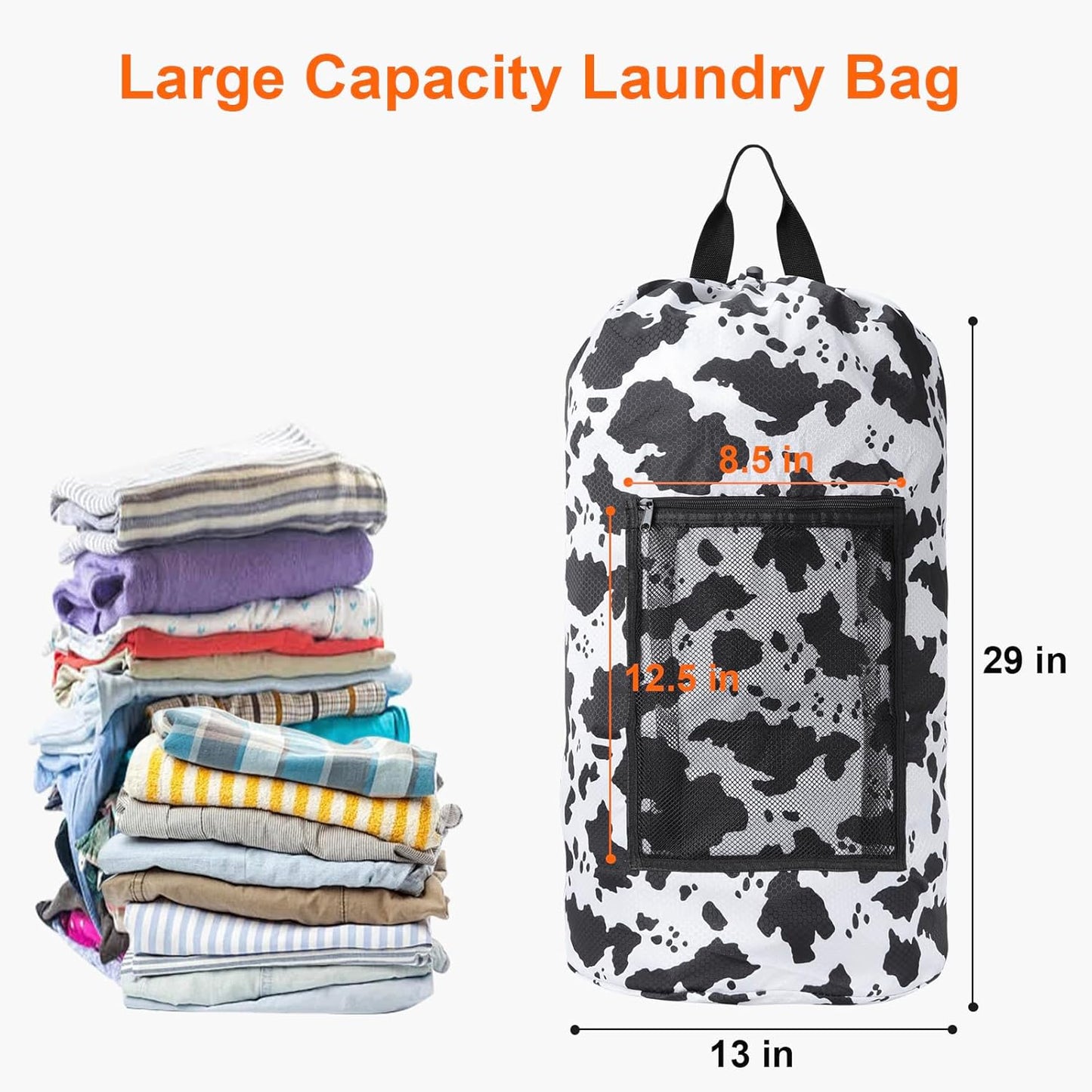 Femuar Laundry Bag Backpack Durable Laundry Bag with Shoulder Straps and Mesh Pockets Portable Laundry Dirty Clothes Hamper Bag for College Dorm (Cow Print)