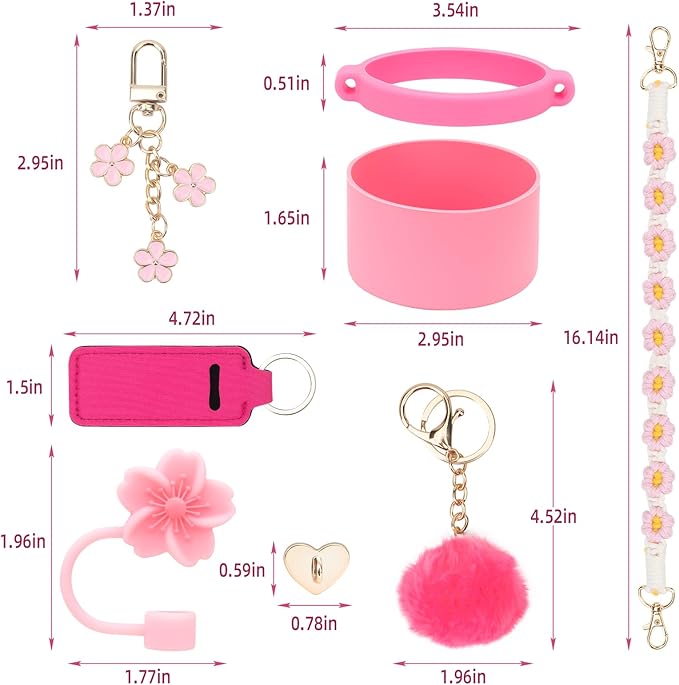 Stanley Cup Accessories Set Including 1 Pcs Water Bottle Handle Strap, 1 Pcs Siliocne Straw Cover, 1 Pcs Siliocne Stanley Cup Boot, 3 Pcs Stanley Charms for Stanley Cup 40oz & 30oz Tumbler - Pink