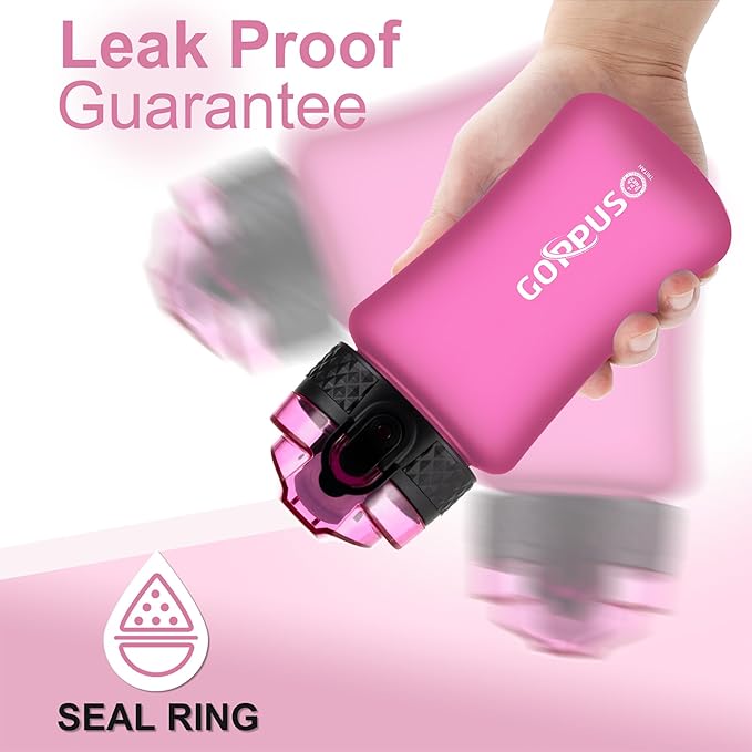 GOPPUS Kids Water Bottle with Straw Spout Lid 10pcs Stickers 12 oz Leak-proof BPA Free Motivational Time Marker Tritan Plastic Water Bottles for Girls Boys School Sports