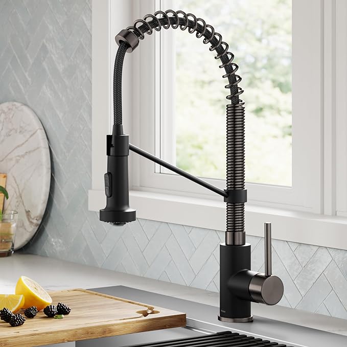 Kraus KPF-1610MBSB Bolden 18-Inch Commercial Kitchen Faucet with Dual Function Pull-Down Sprayhead in all-Brite Finish, Matte Black/Black Stainless Steel