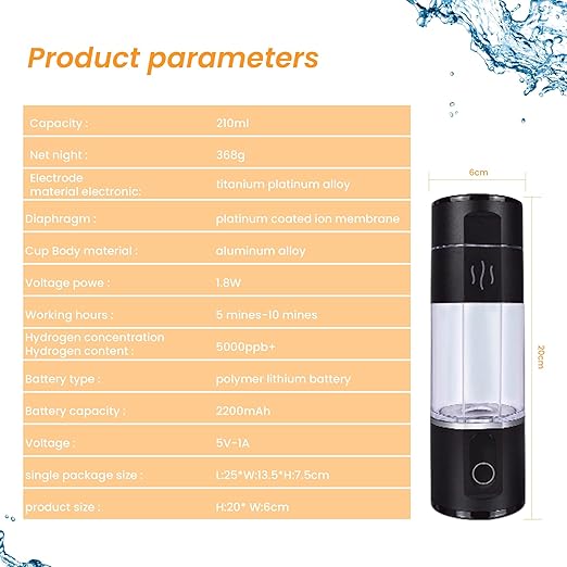 Hydrogen Rich Water Bottle, Portable Rechargeable Rich Hydrogen Water Generator Bottle Pure H2 Water Bottle, Hydrogen Contents Up to 5000 ppb, zbfc2BLACK