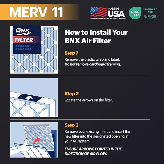 BNX TruFilter 18x18x1 Air Filter MERV 11 (6-Pack) - MADE IN USA - Allergen Defense Electrostatic Pleated Air Conditioner HVAC AC Furnace Filters for Allergies, Dust, Pet, Smoke, Allergy MPR 1200 FPR 7
