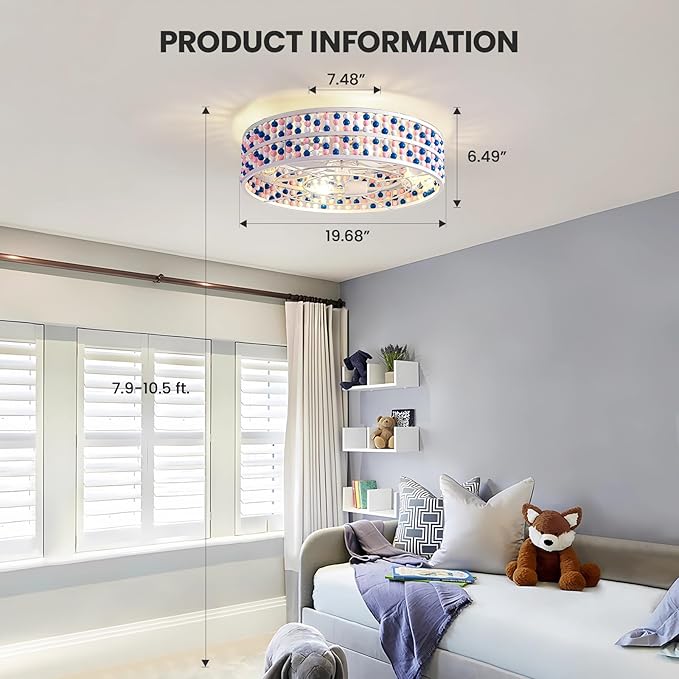 Moooni Colorful Wood Beaded Ceiling Fan with Light 19 inch Boho Wood Beaded Fandelier 6 Speed Flush Mount Ceiling Fan with Light Boho Fandelier