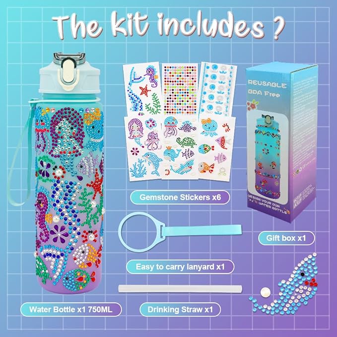 Decorate Your Own Water Bottle Kits for Girls, Water Bottle for Girls, Birthday Gifts for Girls Water Bottle, Arts and Crafts for Girls, Mermaid Arts and Crafts Gifts Toys for Girls Christmas