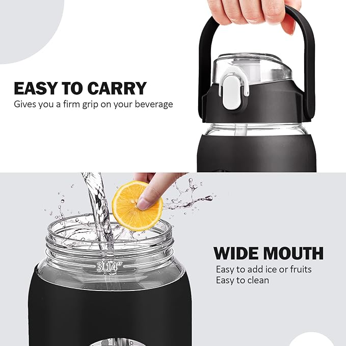 kytffu 42oz Glass Water Bottles with Straw, Motivational Glass Bottle with Silicone Sleeve and Time Marker, Leakproof Large Glass Water Jug for Gym Home Office,Black