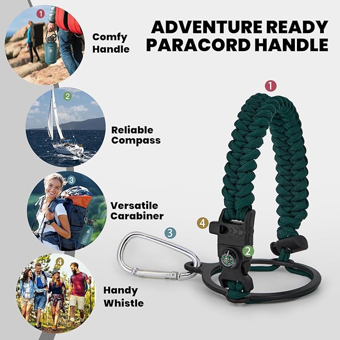 Insulated Water Bottle 64 oz, Triple Wall Vacuum Stainless Steel (Cold for 48 Hrs), Leak Proof & Non-BPA, Half Gallon Water Flask Jug with Paracord Handle & Straw Spout Lids, Dark Green