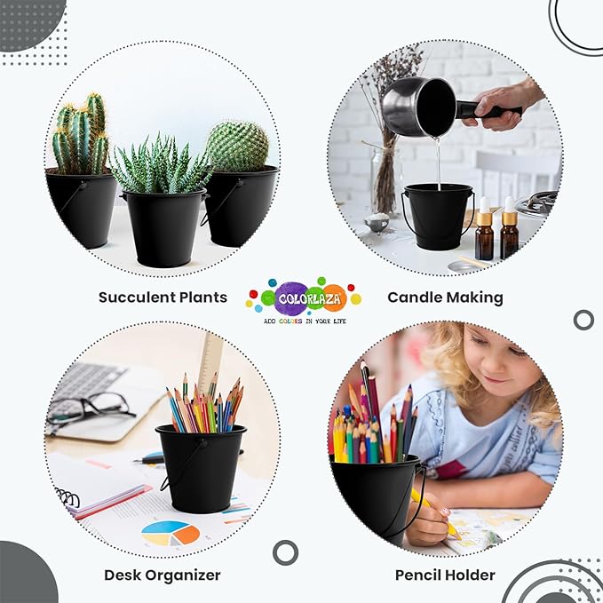 Small Metal Buckets with Handle 6 Pcs – Galvanized Bucket Leak Proof & Rust Resistant 20 fl oz Capacity - Best for Party Décor, Organizing & Decorating Classrooms (Black, Small 4.3" Top)