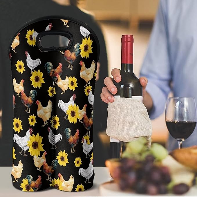 doginthehole Chicken Wine Bag Neoprene Wine Tote Insulated Bag Two Bottle Wine Carrier Sunflower Rooster Wine Bottle Covers Protector Sleeve Reusable Wine Bottle Holder Champagne Beer Bags for Travel