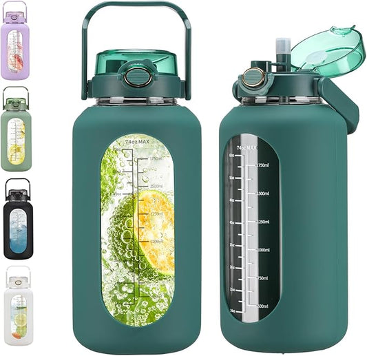74 oz Glass Water Bolttles with Straw Large Motivational Water Bottle with Time Marker Sports Water Bottles with Silicone Sleeve and Handle Lid 2.2L Water Jug for Gym Workout