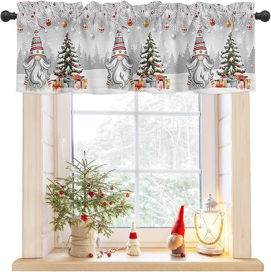 Christmas Gnome Valance Curtains for Kitchen Windows Winter Merry Christmas Tree Balls Rod Pocket Window Treatment Toppers for Kitchen/Living Room/Bedroom/Bathroom, 54" X 18", Grey