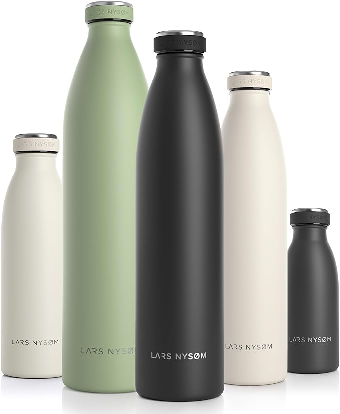 LARS NYSØM Stainless Steel Insulated Water Bottle 12oz 17oz 25oz 34oz 51oz | BPA-free Insulated Thermo Flask for Hot and Cold Beverages | Leakproof Drinking Bottle (Onyx Black, 34oz)