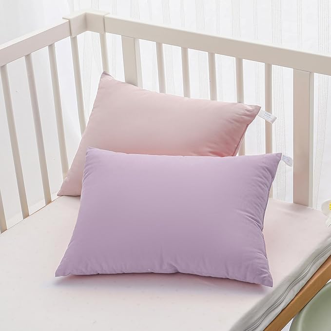 MEILA 2 Pack Cotton Toddler Pillows, 13x18 Pillows for Sleeping and Traveling, Machine Washable Kids Pillows Ideal for Crib, Bed, Cot and Nap, Light Pink & Lilac