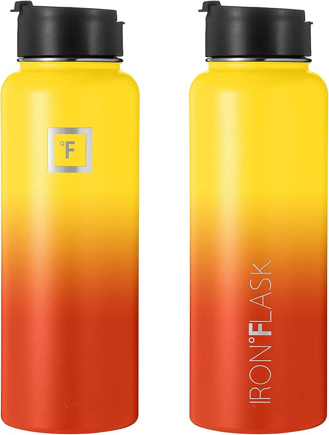 IRON °FLASK Camping & Hiking Hydration Flask, Wide Mouth, 3 Straw Lids, Stainless Steel Outdoor Water Bottle, Double Walled, Insulated Thermos, Metal Canteen - Fire, 40 Oz