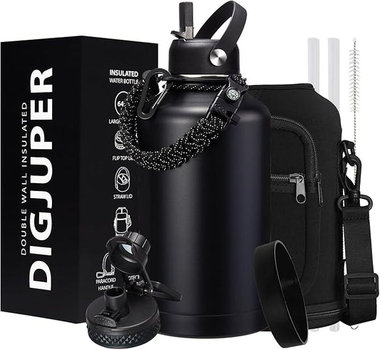 Insulated Water Bottle 64oz - w/Paracord Handle, Straw & Spout Lids, Carrier Bag, Half Gallon Sport Stainless Steel Water Flask Jug, Thermo Mug Triple-wall Vacuum Insulated Water Bottle